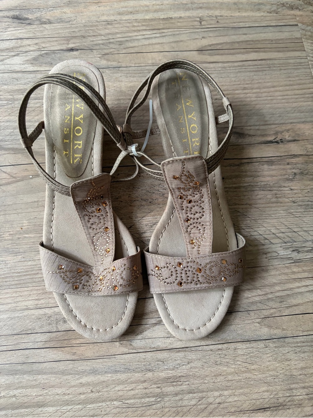 New York Transit Beige/Taupe Embellished T-Strap Sandals